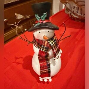 Festive Snowman Figurine with Plaid Scarf